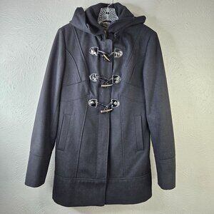 Guess Hooded Pea Coat Womens Medium Black Wool Blend Preppy Toggle Button Jacket